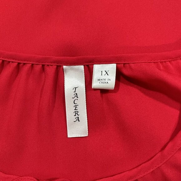 Tacera Womens SZ 1X Red Chiffon Blouse -Lace 3/4 Sleeve-Bow Tie -Round Neck - Picture 8 of 14